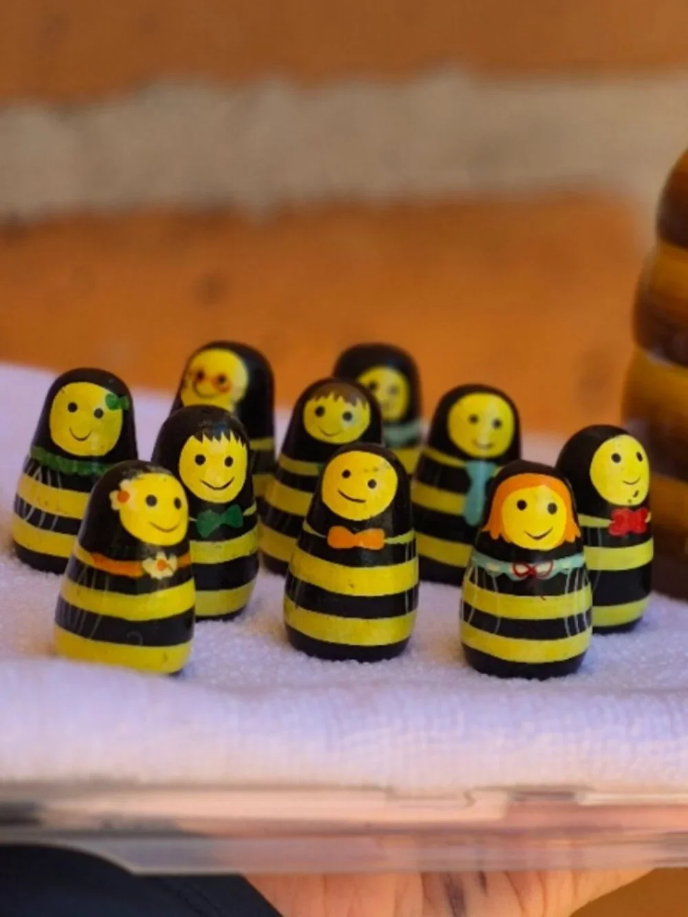 Hand Painted Ten Wooden Nesting Bees with Bee Hive